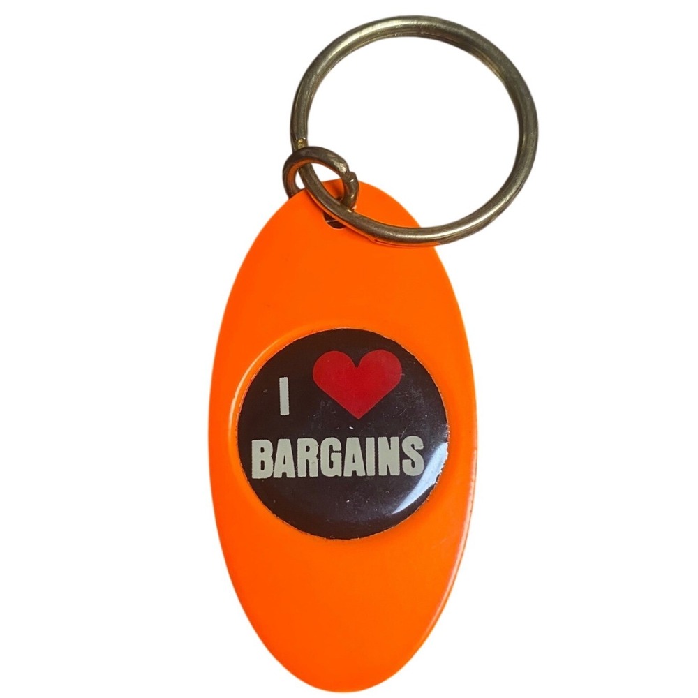 90s I Love Bargains Orange Oval Keychain Retro Motel Key Tag Fob